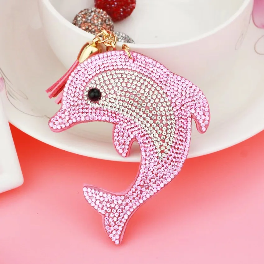 Fashionable Double Color Dolphin Rhinestones Bag Accessories Charms Marine Animals Keychains