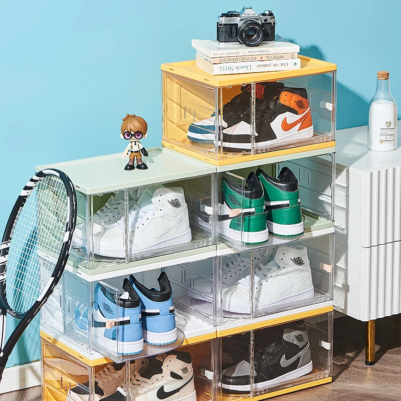 Acrylic clear giant shoe case sneaker storage box transparent stackable nike shoe boxes drop front black shoe boxes