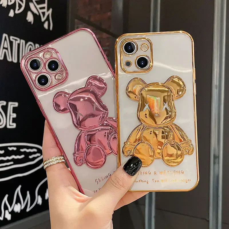 Hot Sale Electroplated 3d Bear Transparent Tpu Phone Case For Iphone 11 12 13 14 15 Plus/Pro/Pro Max