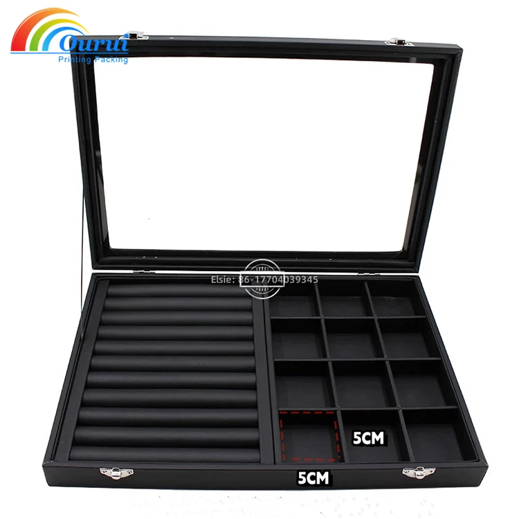 Stackable Black Leather Jewelry Box Tray with Glass Cover for Rings Bracelets Necklaces Earrings-Watch Boxes & Cases