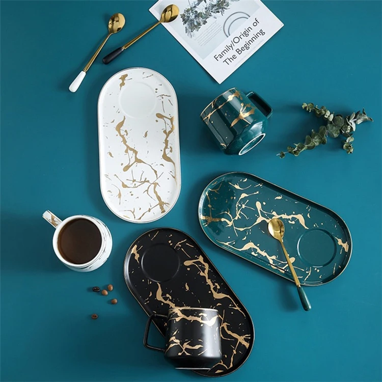 Royal style custom color marble luxury porcelain coffee cup with oval plate