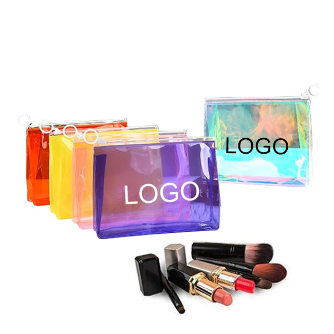 custom logo waterproof travel colorful plastic holographic toiletry makeup pouch make up gift bag cosmetic packaging container