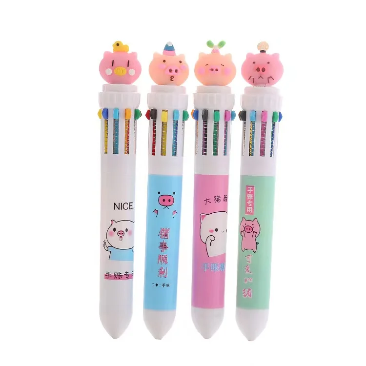 Hot Selling Kids Cute Pink Pig Little monster 10 in 1 Color Ball Point Pen Student Creative Hand Account colorful ball pen