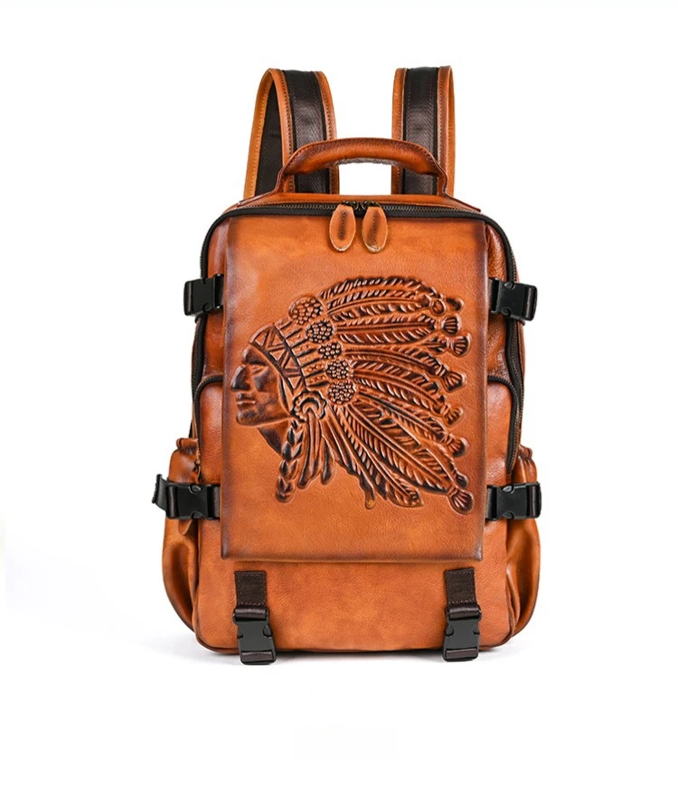 Men Casual Vintage Cow Bull Full Grain Genuine Crazy Horse Leather Travel Backpack Bag