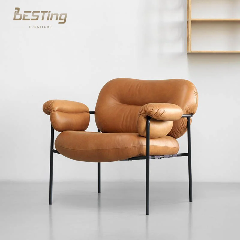 BESTING FURNITURE Metal Leather Accent Chair - Modern High Back Armchair with Armrest for Living Room