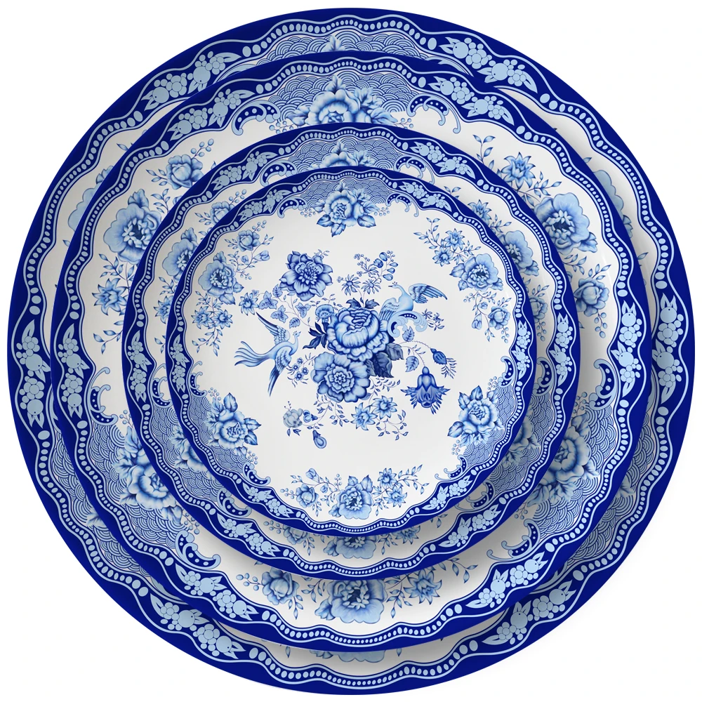 Luxury noble Salad Pasta Tray Home Gift Cutlery Dinner Set Custom Royal blue edge wedding plates Chinese ceramic tableware
