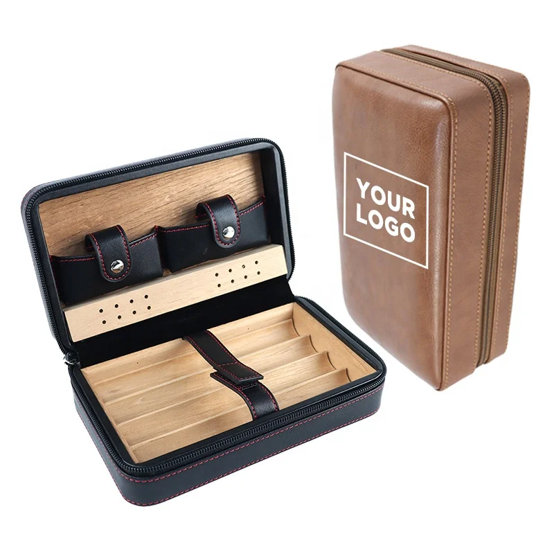 XD748 Customized/able Logo Luxury PU Leather Cigar Case Portable Travel Humidor Custom Cigar Gift Packaging Box with Wood Insert