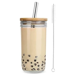 Reusable 24 oz Bubble Tea Cup Wide Mason Mug with Bamboo Lid and Stainless Straw Glass Smoothie Cups