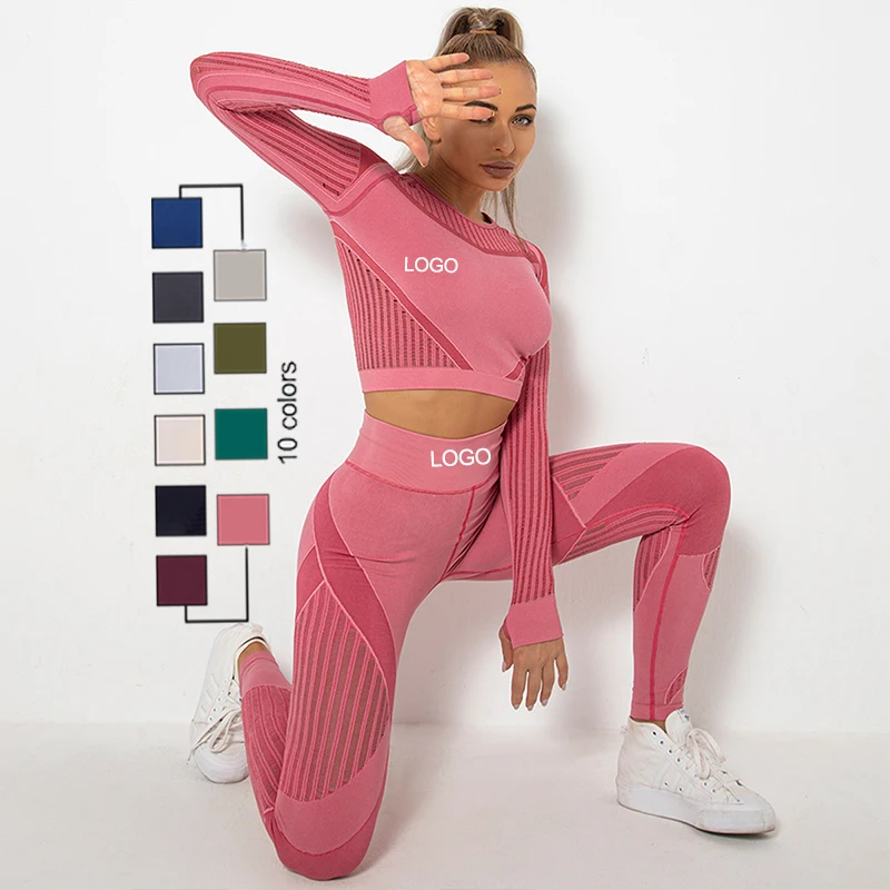 Seamless Mesh Quick Drying Sports Fitness Yoga Wear Gym Outfit Active Wear Mesh Crop Top Long Sleeve Yoga Pant Leggings Set