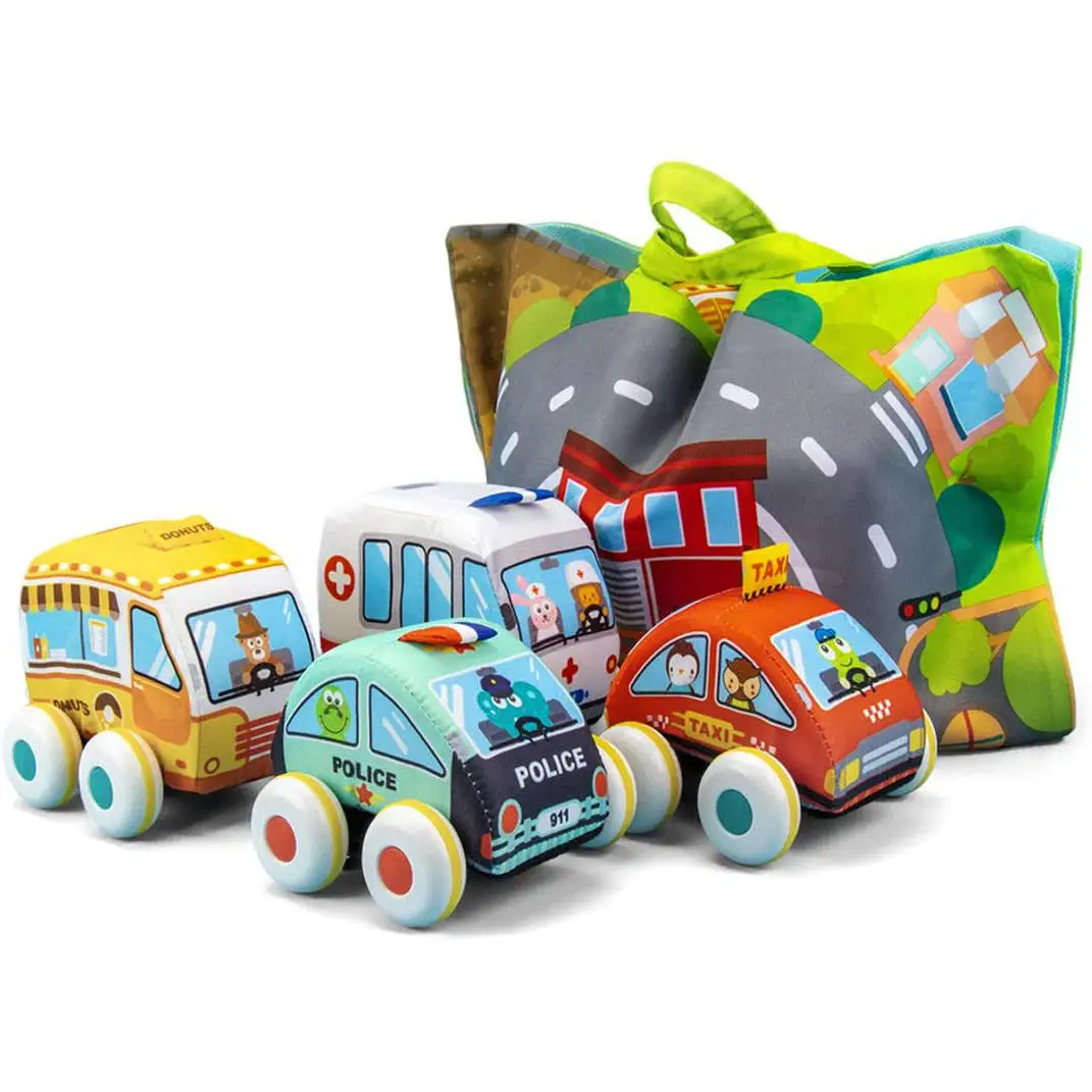 Baby Soft Plush Pull Back Vehicle Car Toys Design 2 Pcs Toddlers Hand Grasp Cartoon Soft Stuffed Cloth Police Friction Vehicle