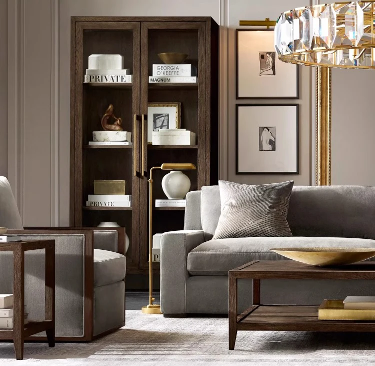 RH American Solid Wood Bookcase Living Room French Glass Door Display Cabinet Oak Retro Wall Locker Floor Cabinet Custom