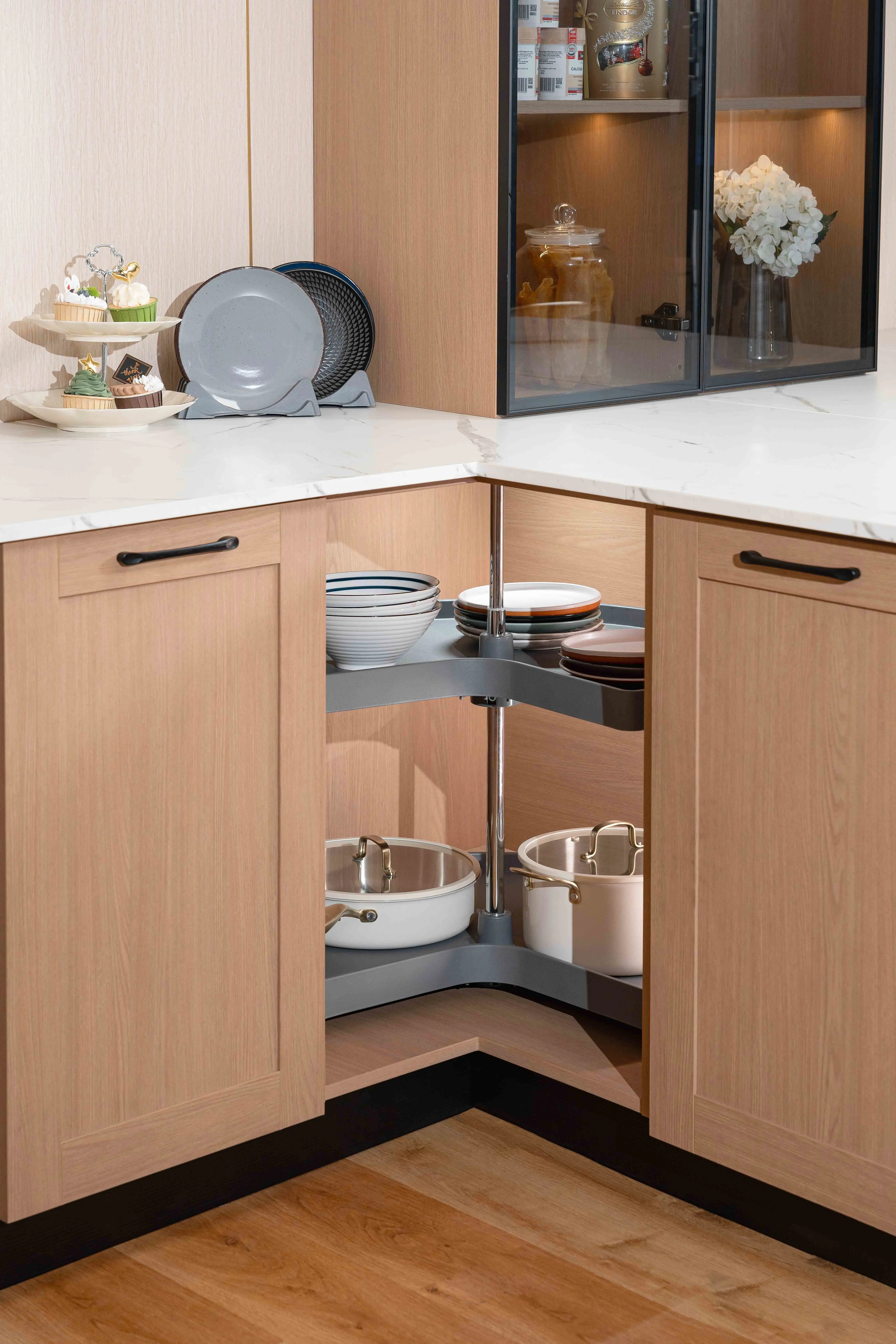 28Inch Kitchen Cabinet Blind Corner Basket 270° Kidney Two-tire Plastic Susan Lazy Set