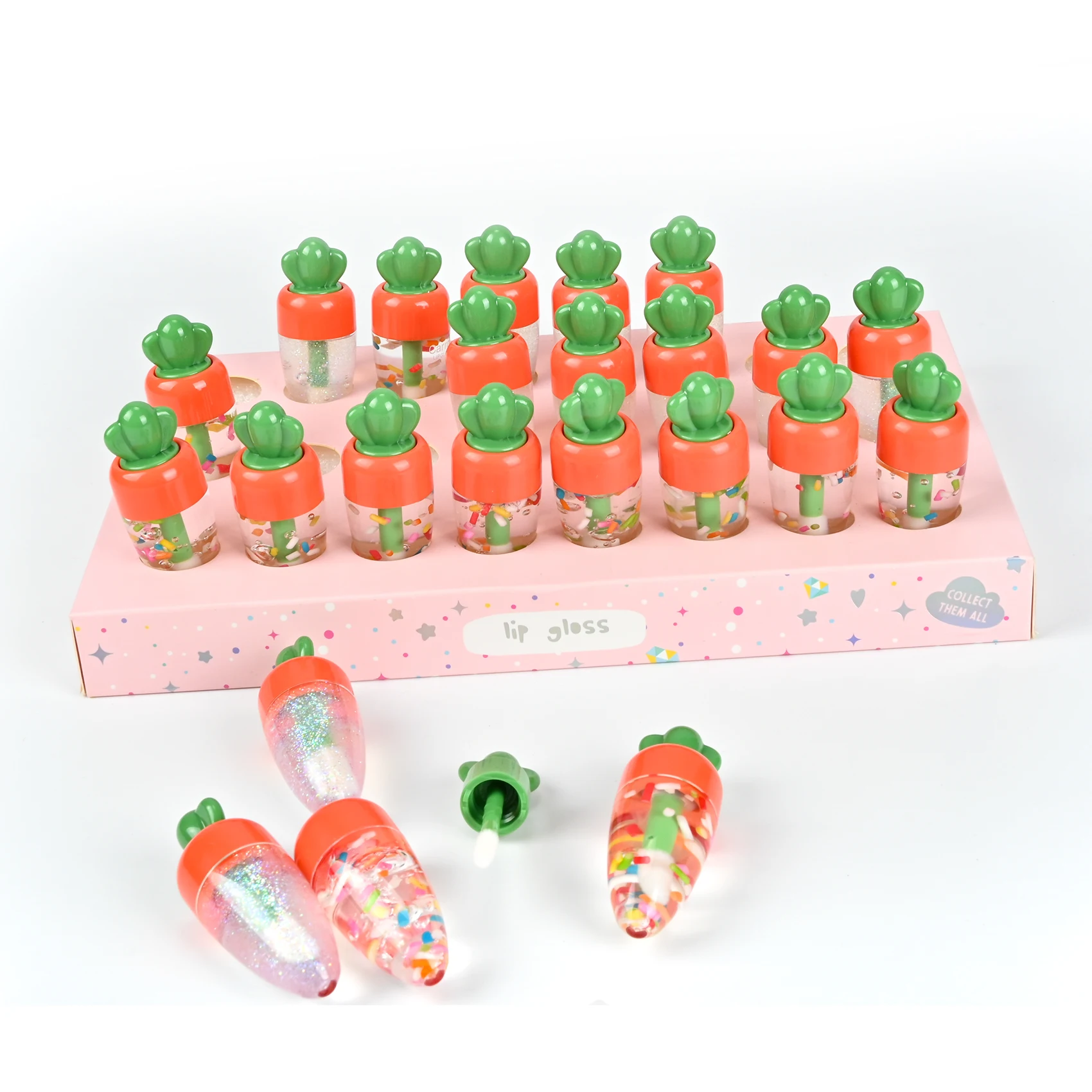 Custom Kids Carrot Lipstick Permanent Holographic Glitter Lip Gloss Waterproof Lip Oil Moisture Lip Makeup