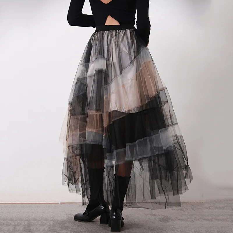 2023 Fashion elastic waist multi-layer patchwork gradient contrast color gauze skirt new layered irregular skirt