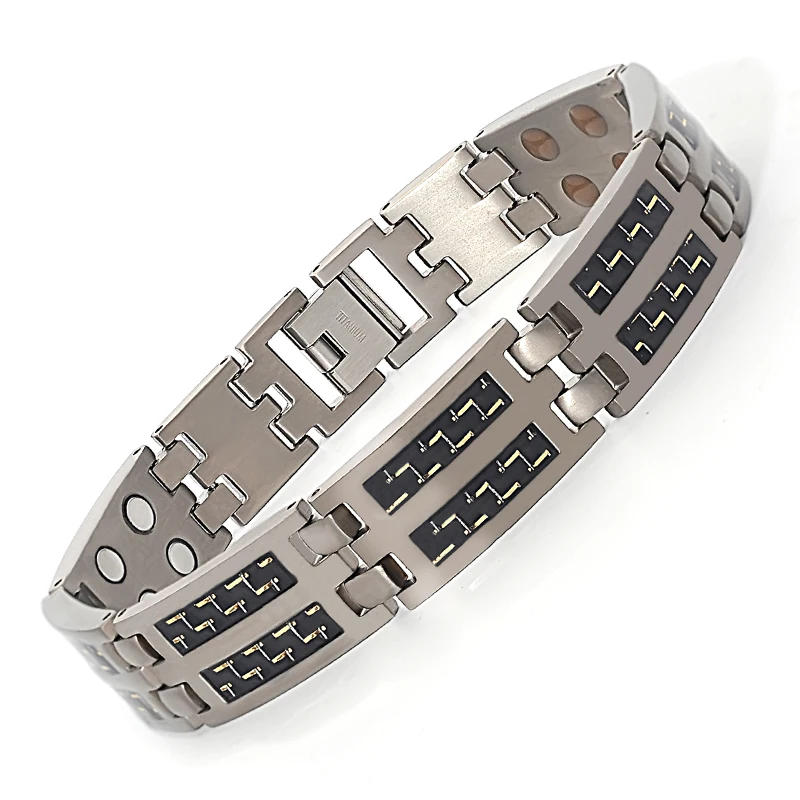 Hottime Wholesale Double Line Energy Titanium Magnet Bracelet With Gold Carbon Fiber