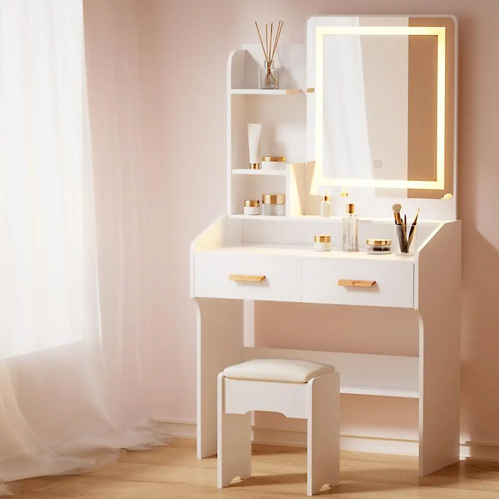 White Dressing Table LED Mirror Makeup Stool Set Wooden Vanity Desk Chair For Home Bedroom