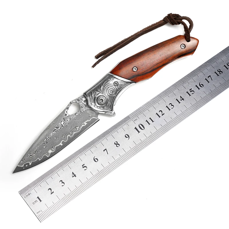 New Pocket folding blade Knife Damascus Steel Drop point blade Red sandalwood handle knife with gift box