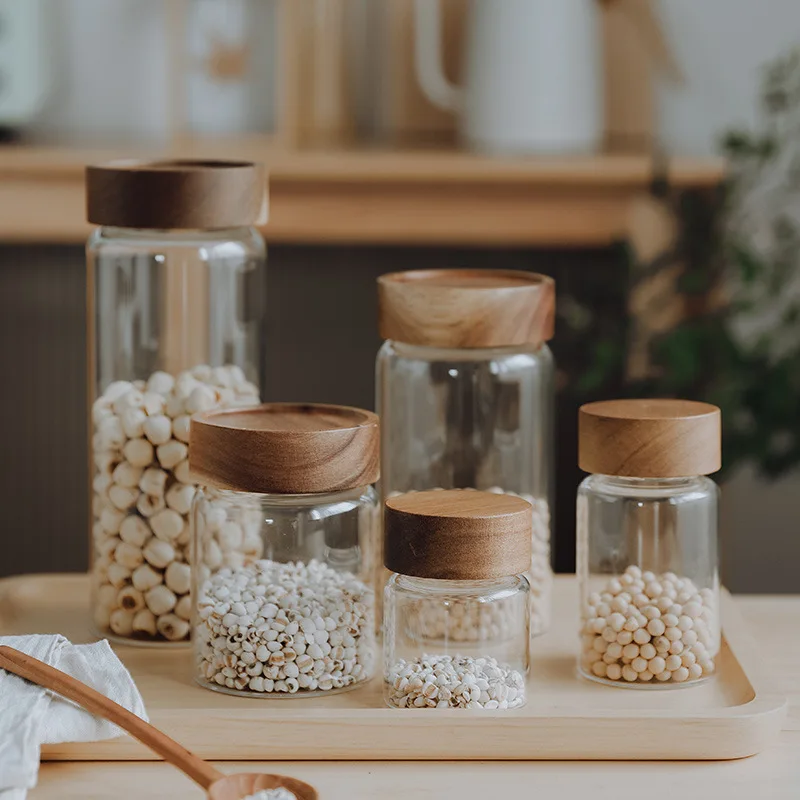 Kitchen Accessories Thread Type Mason Spice Jar Food grade Borosilicate Glass Storage Jars With Airtight Acacia Wooden Lid
