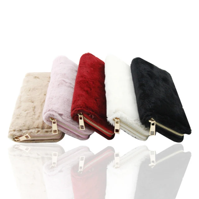 promotional funky girls gold zip long slim passport card  purse fluffy furry wallet