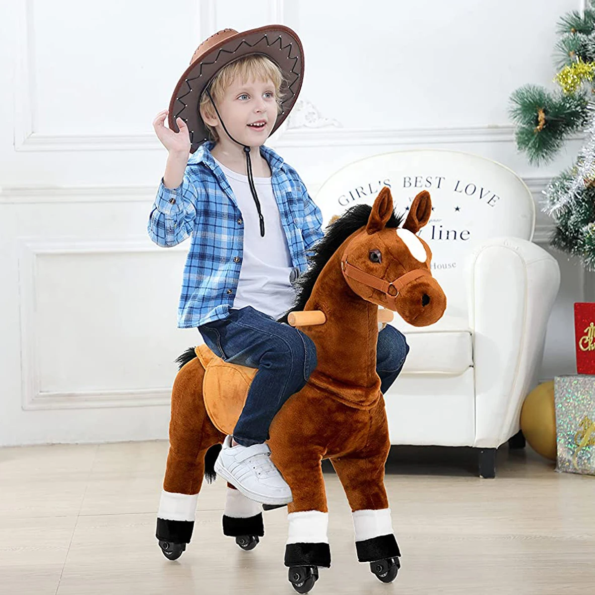 Horse series Plush mechanical Pony for kids riding at home and outdoor place, black ride on pony, a horse could walking as real