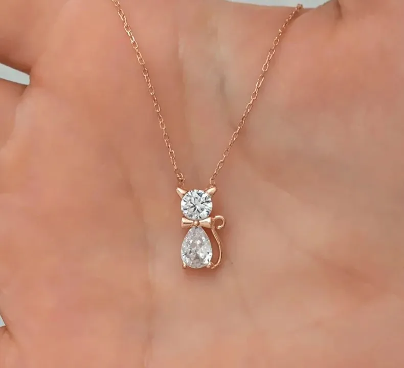 Birthstone Necklace for Women Sapphire Cat Necklace Cat Lover Pendant Kitten Pendant Animal Necklace Handmade Jewelry