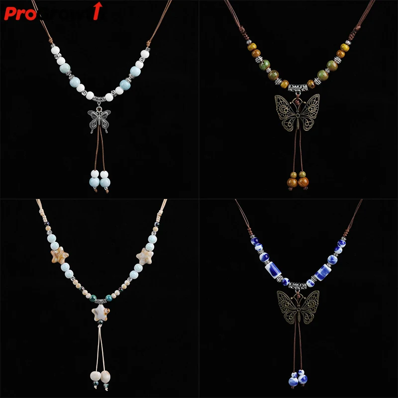 Chinese Ethnic Style Butterfly Necklace Vintage Ceramic Beads Chain Woven Sweater Necklace Tassel Pendant Trendy Jewelry Gifts