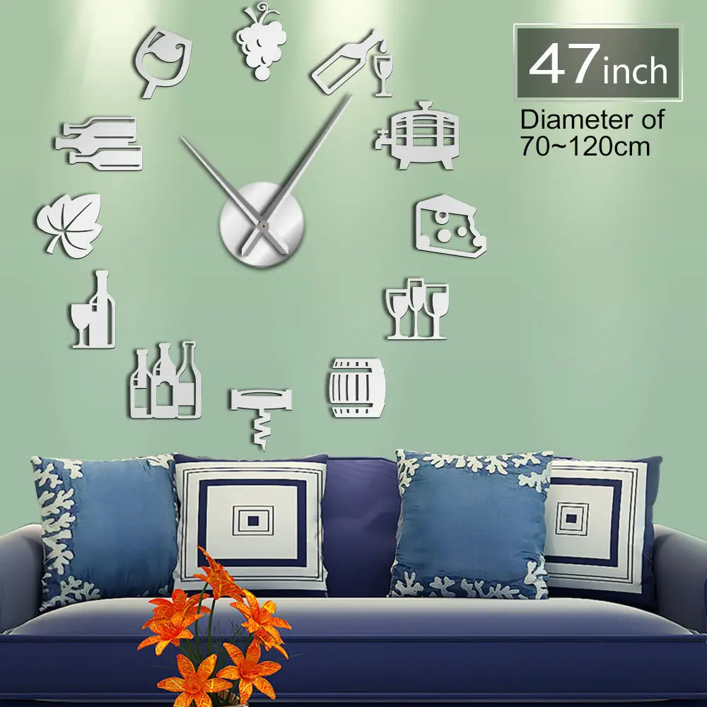 Cheese and Wine Modern Frameless DIY Giant Silent Wall Clock Alcoholic Drink Pub Bar Sign Cork Screw Decorative Wall Watch