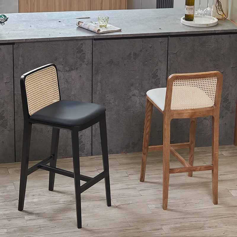 Dreamhause American Bar Chair Solid Wood Simple Retro Rattan High Seat Chair Designer Restaurant Pub High Dining Stool
