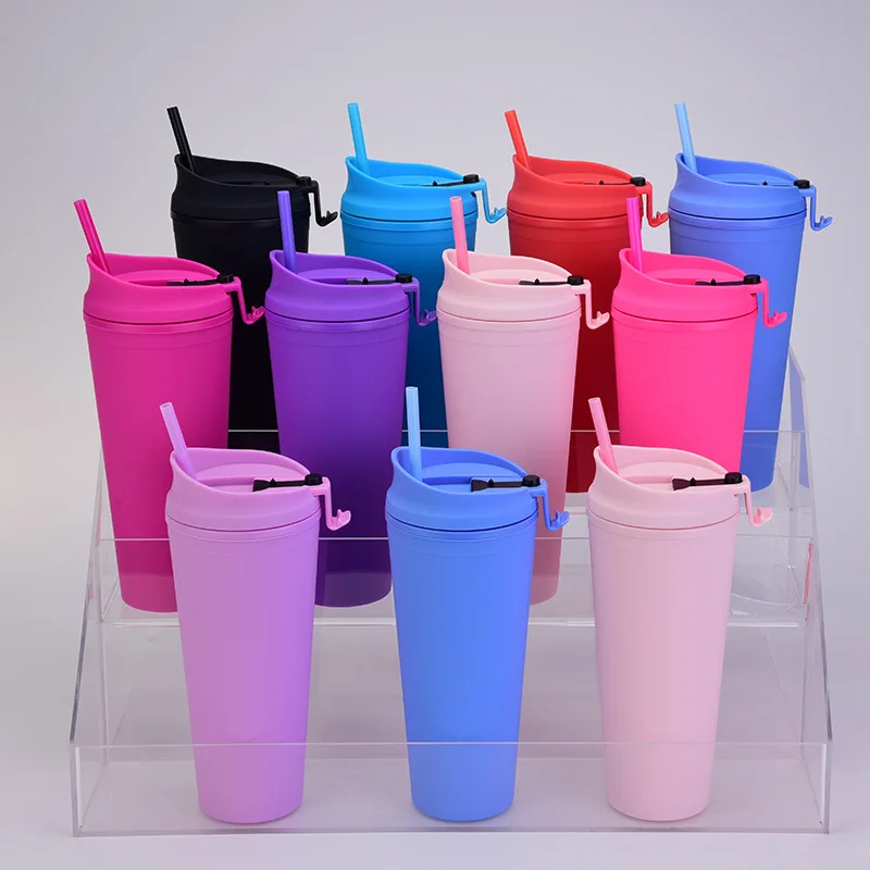 2022 Large Capacity 20oz Outdoor Portable Double Layer Frosted Coffee Plastic Straw Cup With Lid 650ml Custom