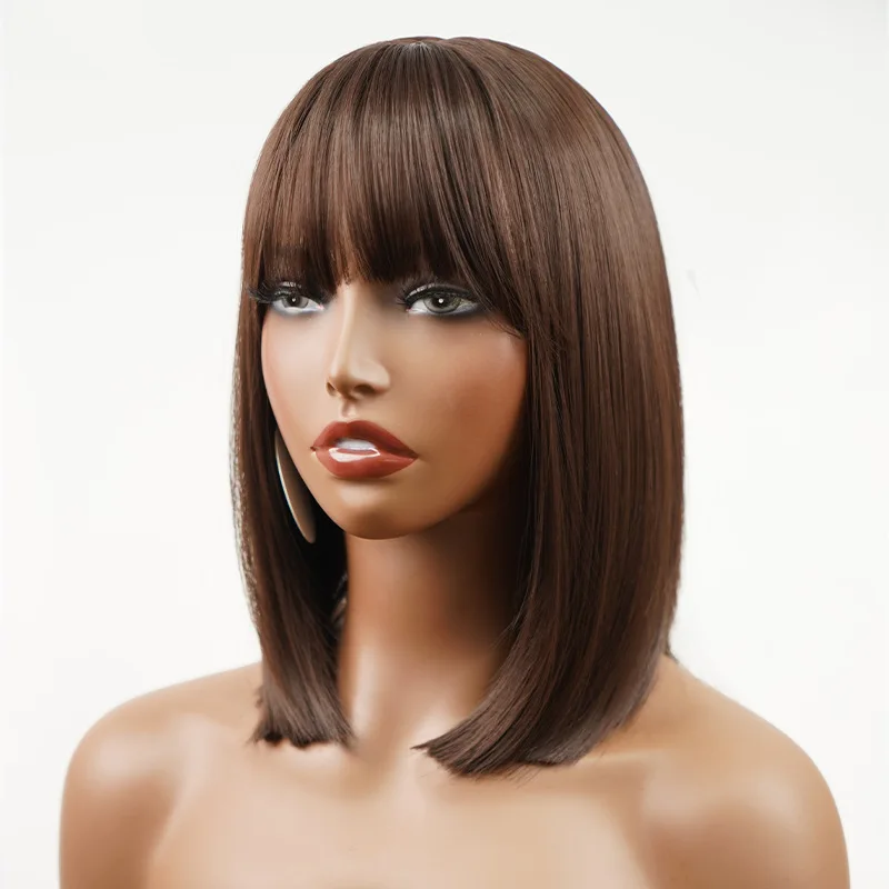 12inch Silk Short Synthetic High Temperature Fiber Hair Chestnut Brown Bob Wig Non Front Lace Straight Wig With Bang For Women