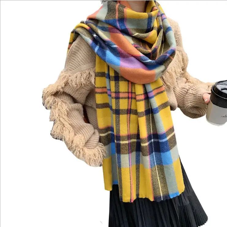 Зимние теплые женские шарфы в клетку, Женский клетчатый кашемировый шарф-одеяло