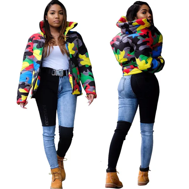 Camo Print Winter Jacket Women Festival Warm Parka Down Bubble Coat Top Warm Thick Parka Couple Wear Crop Puffer Jacket 4XL