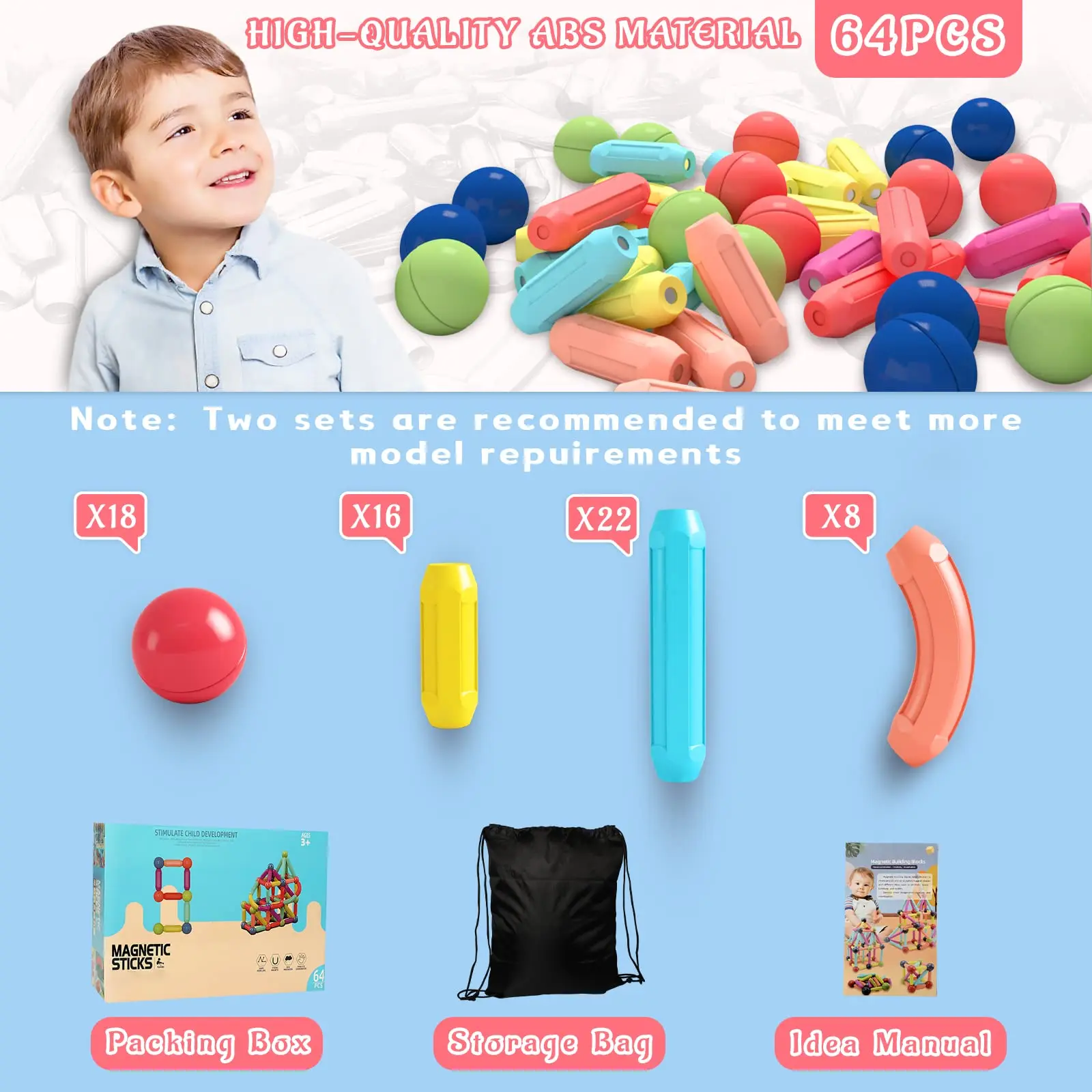 Kindergarten Toys Age 2-4 Toddler Educational Toys Magnetic Blocks Balls and Rods Set 64 Pcs  Magnetic Stick Montessori Toys