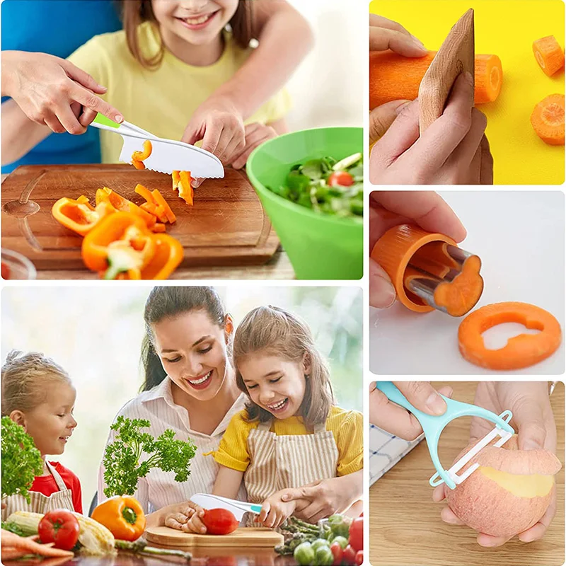Customizable Kids cooking tool Set 14 Pcs Includes Kids Apron, Wood Kids Safe Plastic Toddler Knife, Cutting Board, Apron