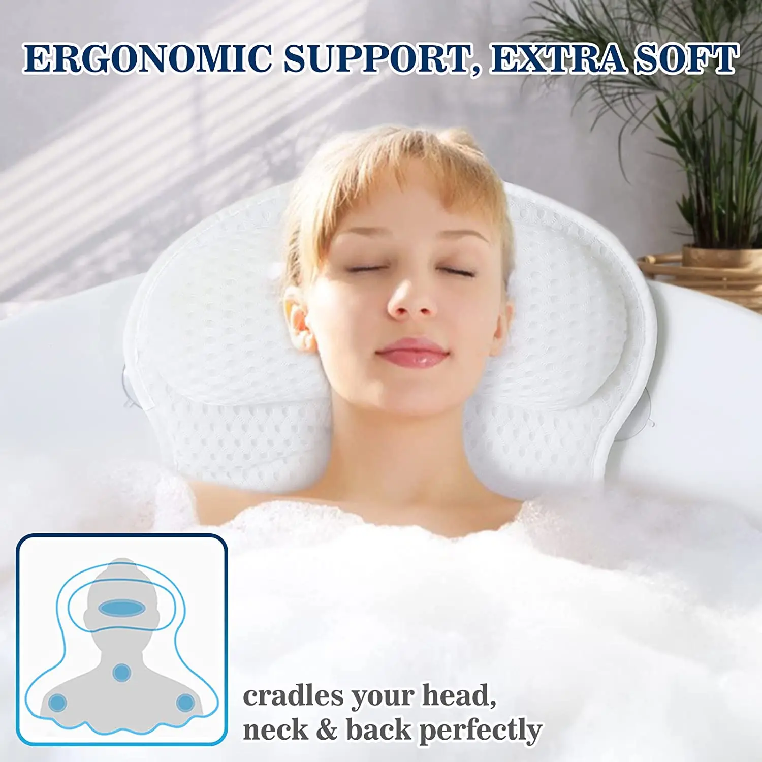 CF BBP20 Luxury Bath Pillow 4D Air Mesh Cushion Dry Fast Fluffy Soft Spa Pillow with Suction Cups for Comfortable Bath Tub