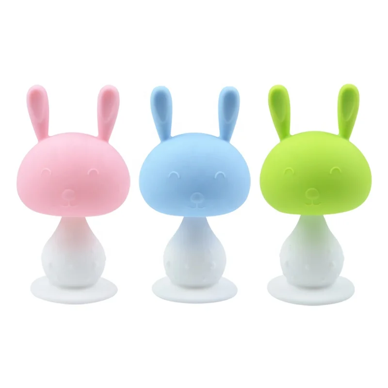 Custom Cheap Funny Infant Soft Food Grade Mushroom Soothing Chewing Sensory Bunny Teethers Baby Silicone Teething Toys