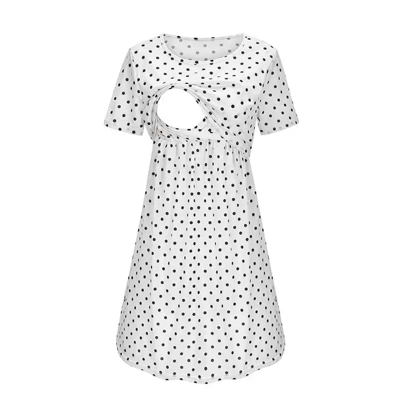 
2021 Maternity Care Mummy Cotton Super Soft Round Collar polka dot Short-Sleeve Midi A Empire Waist Women Dress For Nursing 