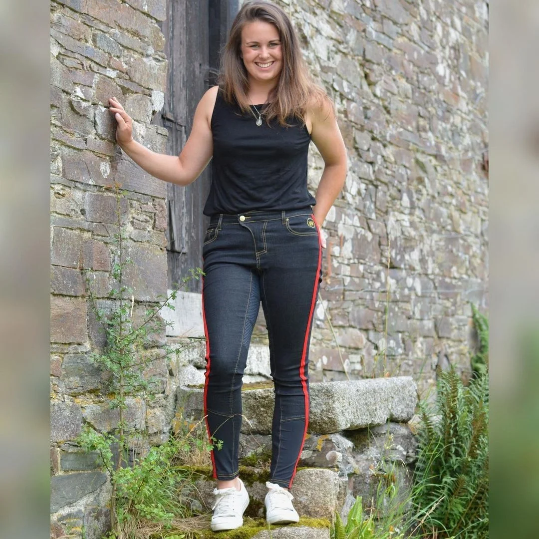 Custom Four way stretch Tech Fabric Red Striped Design Full seat Silicone Grip Denim Breeches Tights