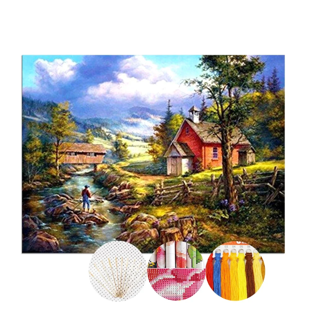 Handmade Starter Kit Dmc Floss Thread Scenery Pattern Europe Cross Stitch with Needle