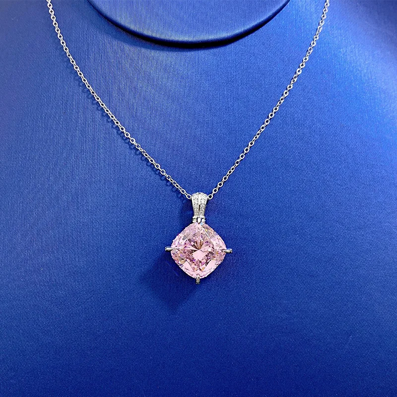 New 14*14mm Pillow Shape Pink 21ct High Carbon Diamond Pendant Clavicle Necklace Female 925 Silver
