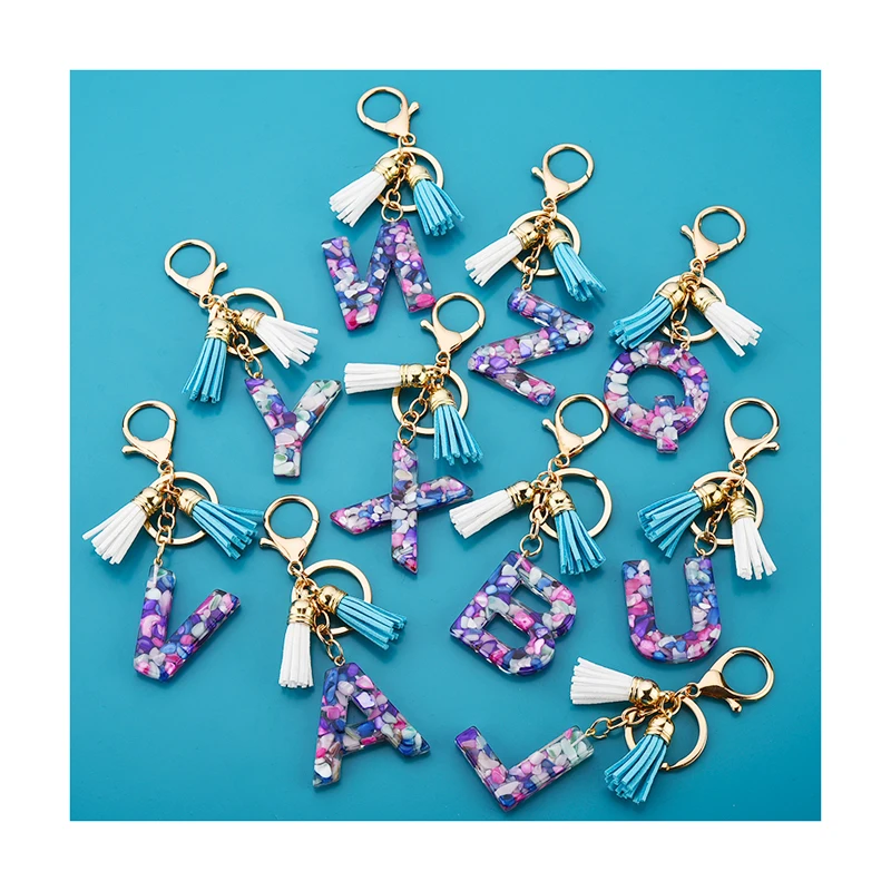 
Acrylic Letter Leather Tassel Key Chain Colorful Stone Alphabet Initial 26 Letters for Women Girl Key Ring Holder 1004 