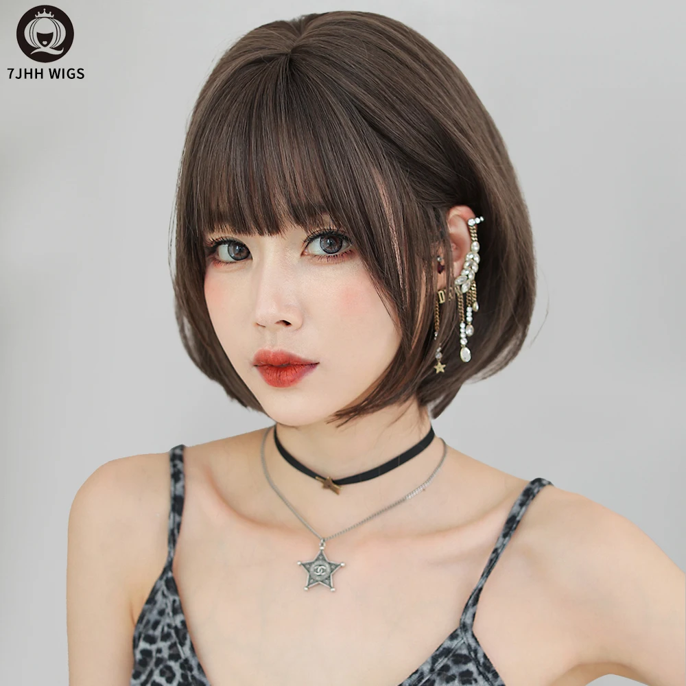 7JHH WIGS 2021 Hot Sale Natural Black Brown Bob Synthetic Wigs For Women Christmas Cosplay  perruque pelucas Short Bob Wigs