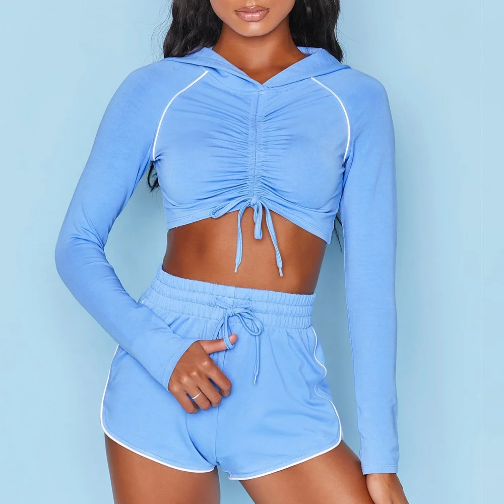 Custom sportswear crop top hoodie shorts set women sport wear 2 piece yoga shorts sets 2022