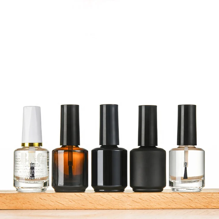 Hot Sale Small Round Glass Nail Bottles 15ml Empty Nail Polish Bottles with Brush and Black Gold Wooden Cap