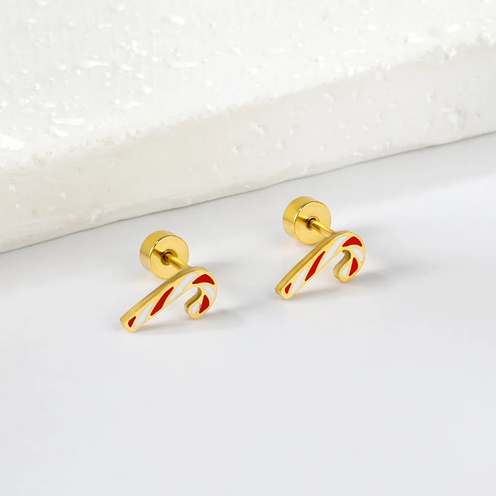 Christmas Cartoon Snowman Cane Elk Reindeer Tree Screw Plug Stud Earrings Antiallergic Stainless Steel Kids Jewelry For Children