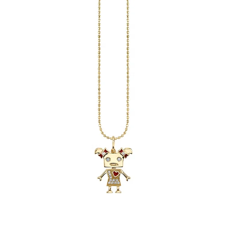 LYBURCHI 925 Sterling Silver 14/18K Gold Plated Vermeil Fine Jewelry CZ Diamond Cute Girl Robot Charm Necklace for Women