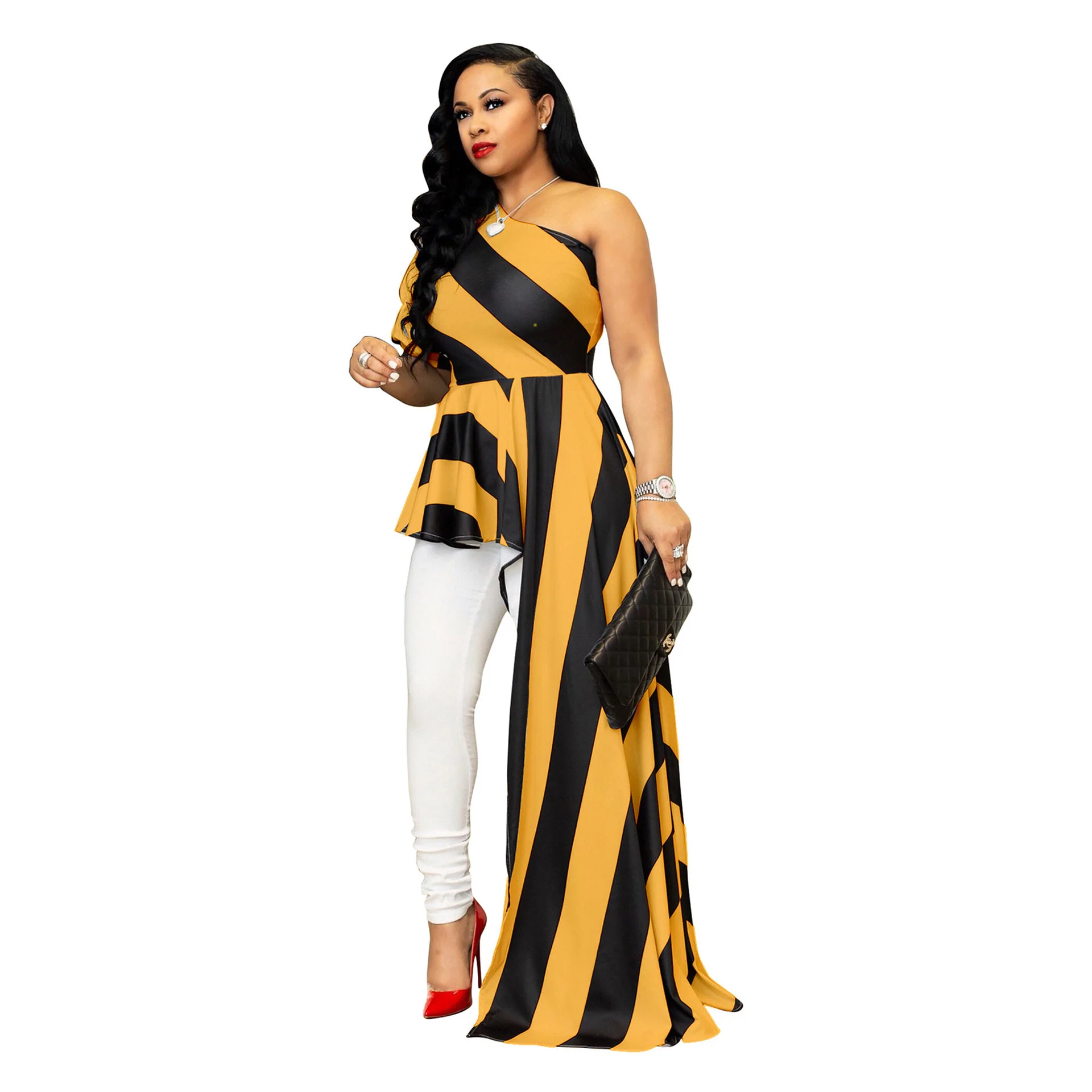 Fashion plus size dress sexy one shoulder dress slanted shoulder striped shirt dress long skirt