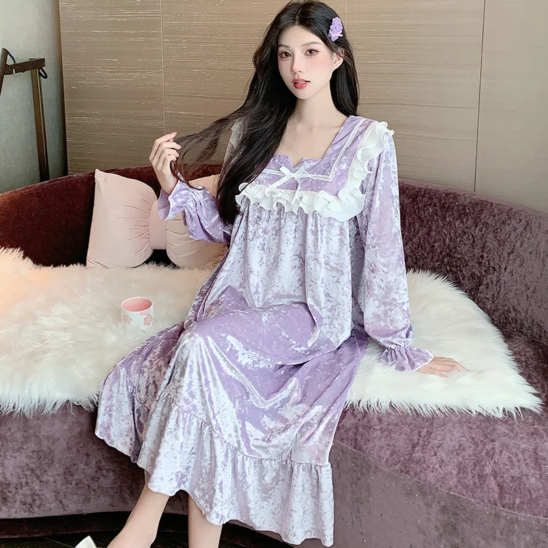 Hot Golden Velvet Square Neck Lace Night Dresses for Women Long Sleeve Autumn/Winter Home Clothes