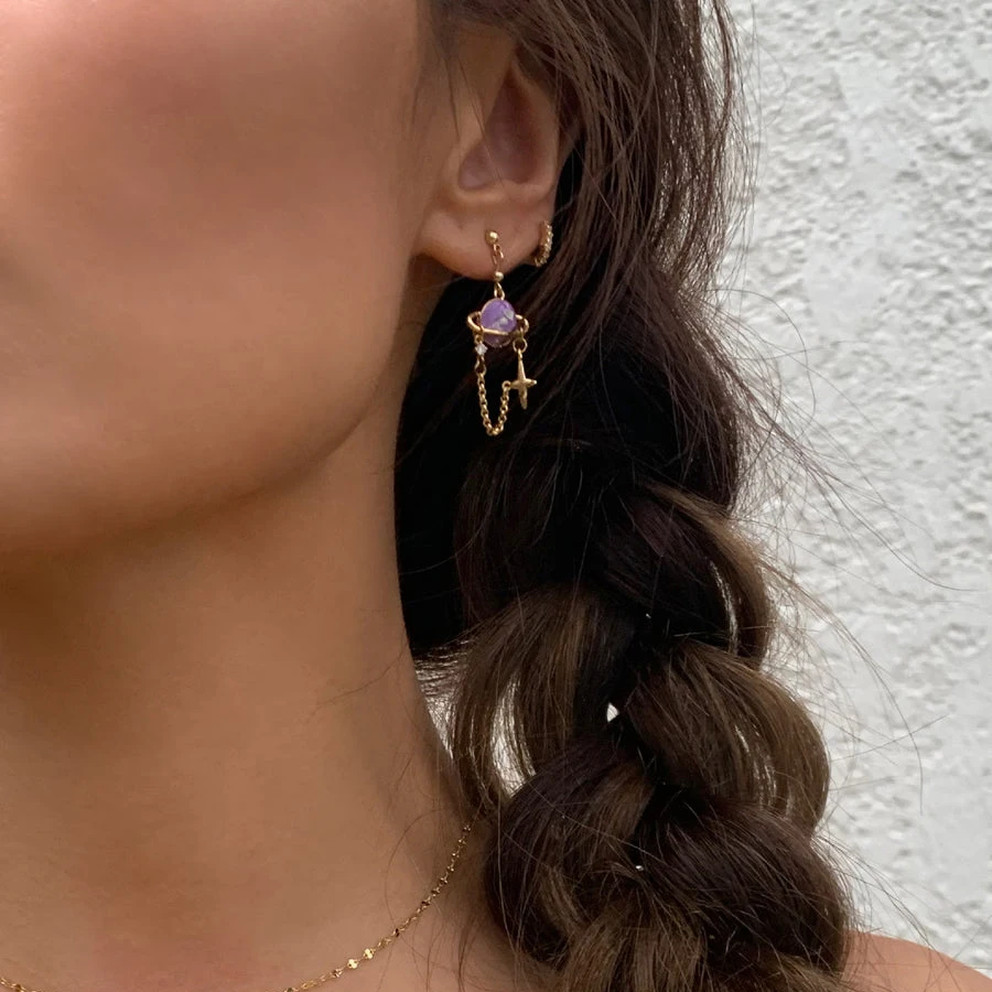 New Slovehoony 18k Gold Designer Purple Saturn Enamel Star Zircon Pearl Earrings Jewelry Drop Dangle Earings For Girls