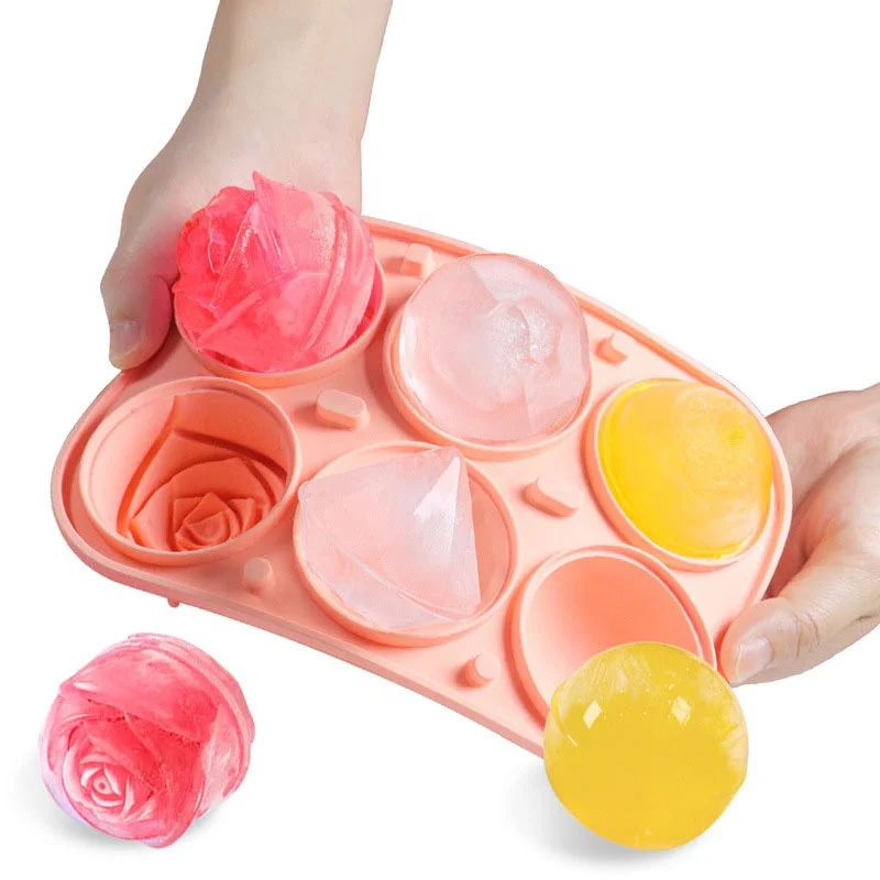 6 Holes Food Grade Rose Diamond Iced Making Mould Custom Logo Silicone Ice Cube Tray Pink Ice Ball Mold